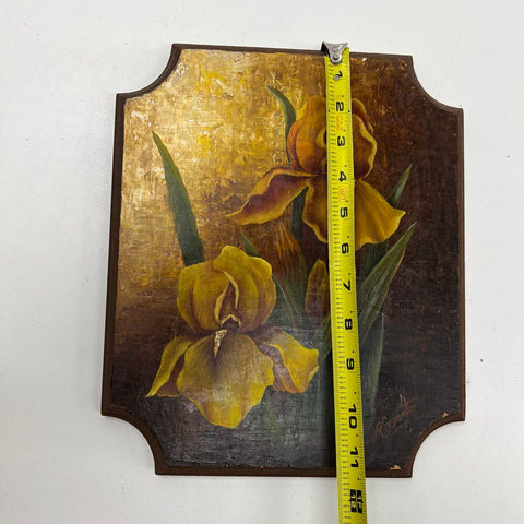 R. Scranton Oil on Wood Panel Painting Yellow Iris Floral Signed 12x10.5 Art