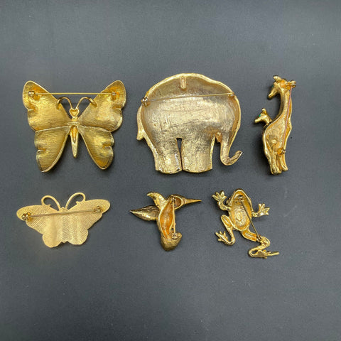 Vintage Gold Tone Animal Brooch Lot of 6 Butterfly Elephant Giraffe