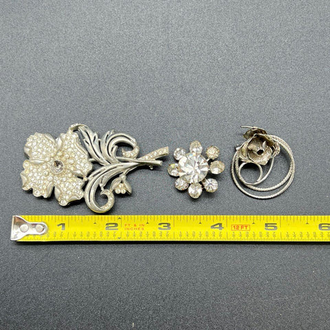 Vintage Silver Tone Rhinestone Floral Brooch Pin Lot of 3 Rose Starburst
