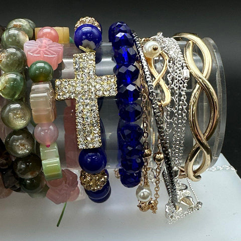 Mixed Costume Jewelry Lot Bracelets Bangles Beaded Rhinestone Cross Cuff