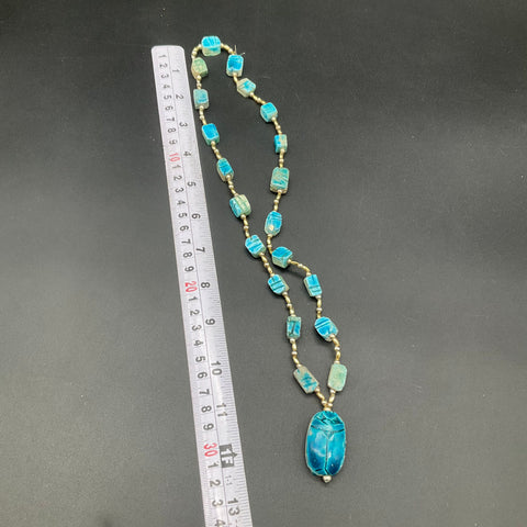 Vintage Egyptian Revival Blue Scarab Necklace and Bracelet Jewelry Set of 2