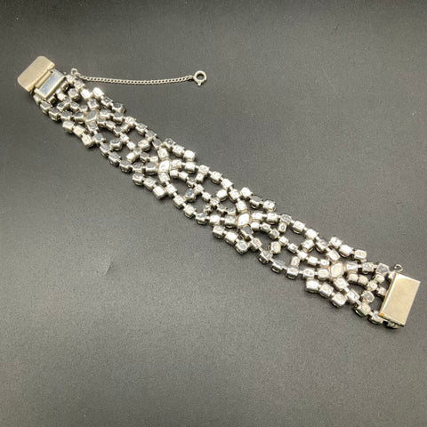 Vintage Mid-Century Silver Tone Rhinestone Bracelet & Chandelier Clip Earrings