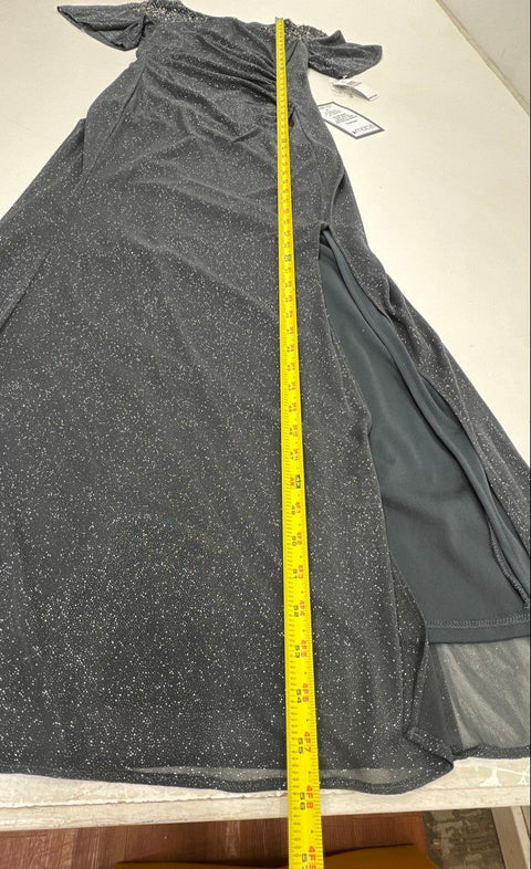 SLNY Women's Gray Glitter Gown Dress Beaded Flutter Sleeve Side Slit Size 6 NWT