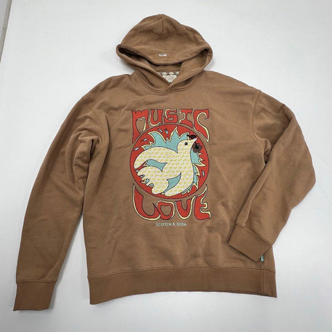 Scotch & Soda Mens Tan Music Love Graphic Cross-Stitch Hoodie Sweatshirt Size M