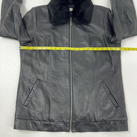 Preston & York Women's Black Lambskin Leather Jacket Rabbit Fur Collar Sz L