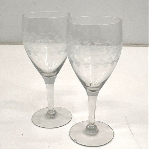 Vintage Needle Etched Scroll Band Wine Glasses Water Goblets Set of 2