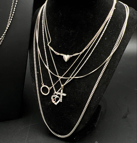 Mixed Costume Jewelry Lot 18 Silver Tone Necklaces Pendants Vintage to Modern