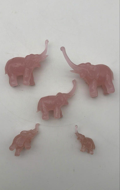 Art Glass Elephant Figurine Set 5 Piece Lot Pink Trunk Up Luck Vintage Style