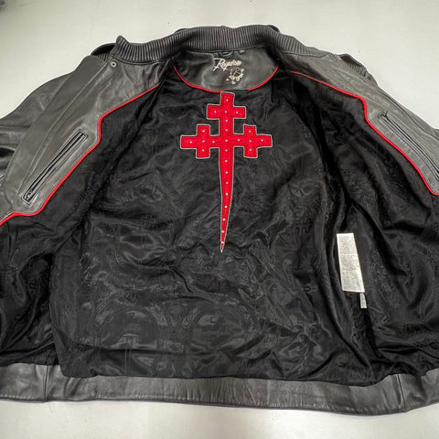 Requiem Men's Black Leather Jacket Ribbed Panels Gothic Cross Lining Sz XXXL
