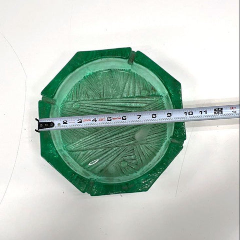 Pressed Glass Green Octagonal Ashtray Textured Linear Pattern Vintage 7.5 Inch