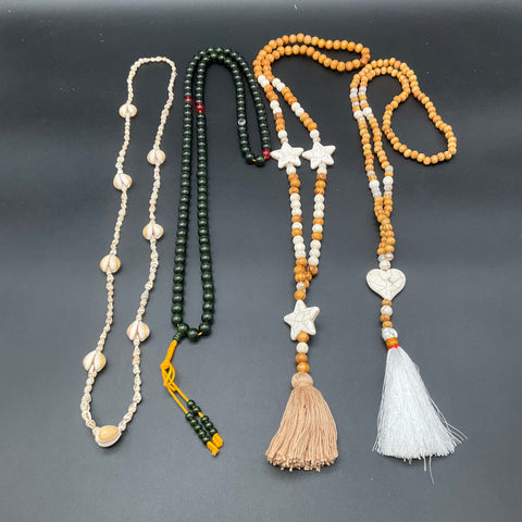 Boho Ethnic Wood Bead Shell Tassel Mala Jewelry Lot of 4