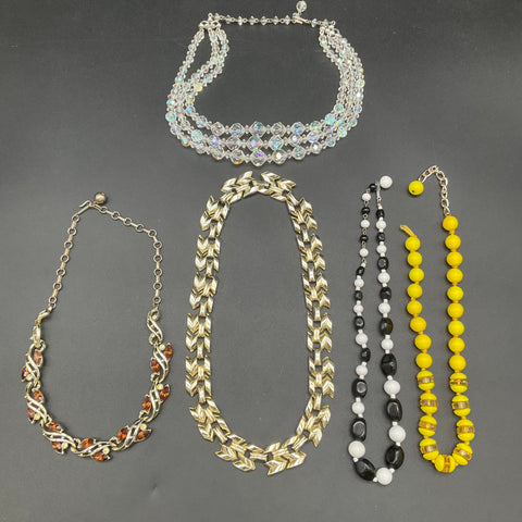 Vintage Costume Jewelry Lot 5 Necklaces Glass Beads AB Crystal Gold Tone