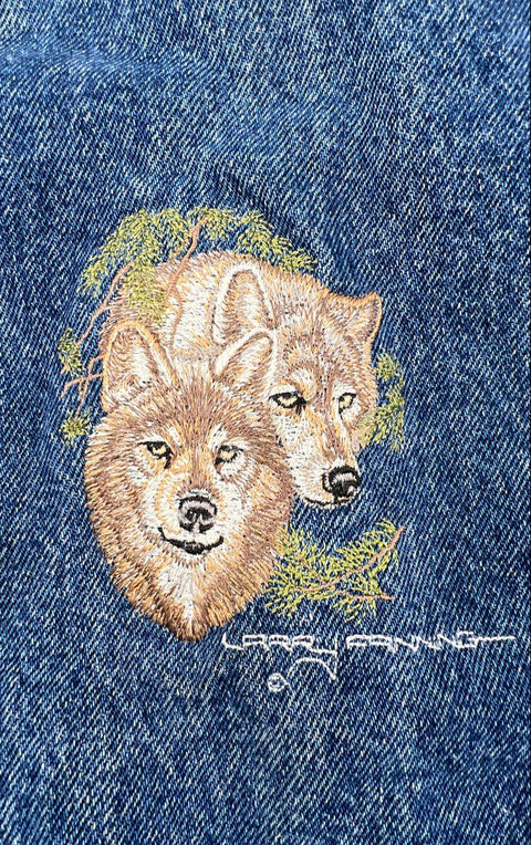 Vintage 90s Boast USA Denim Varsity Jacket Wolf Embroidery Larry Fanning Sz XXL