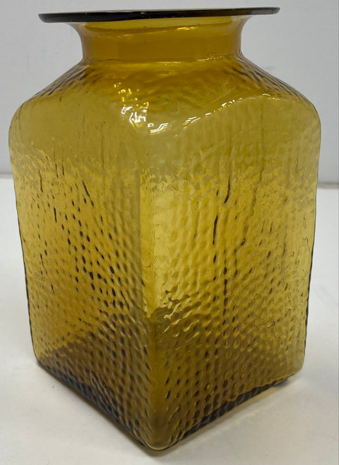 Pressed Glass Vase Amber Crinkle Textured Pattern Square 10 Inch Vintage
