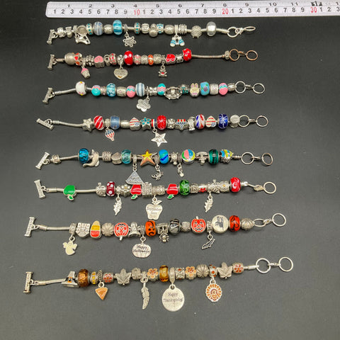 Holiday & Month Theme Charm Bracelet Lot of 8 Silver Tone Enamel Glass Beads