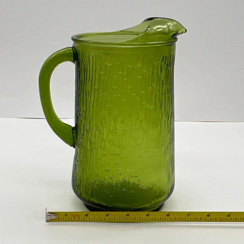 Anchor Hocking Pagoda Pitcher Avocado Green Textured Glass Vintage 9 Inch