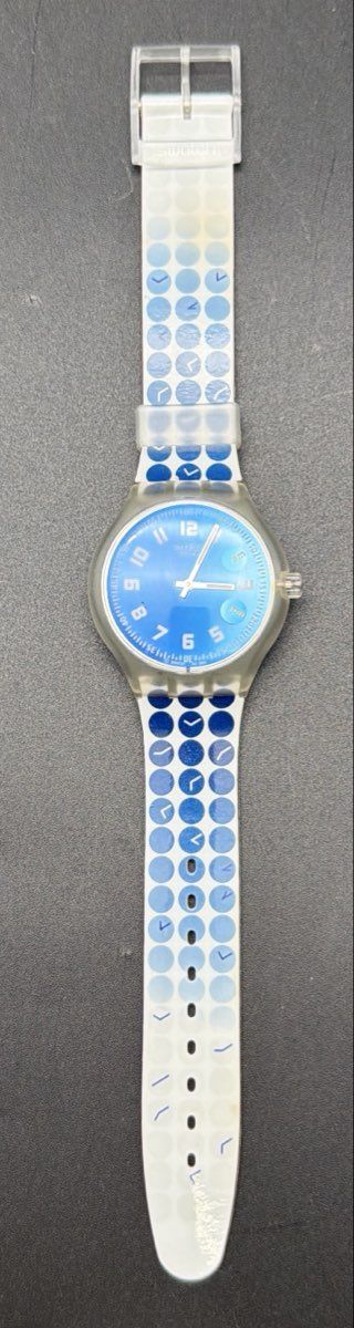 Vintage 2004 Swatch Swiss Quartz Watch Blue Dial AM/PM Indicator Dotted Strap