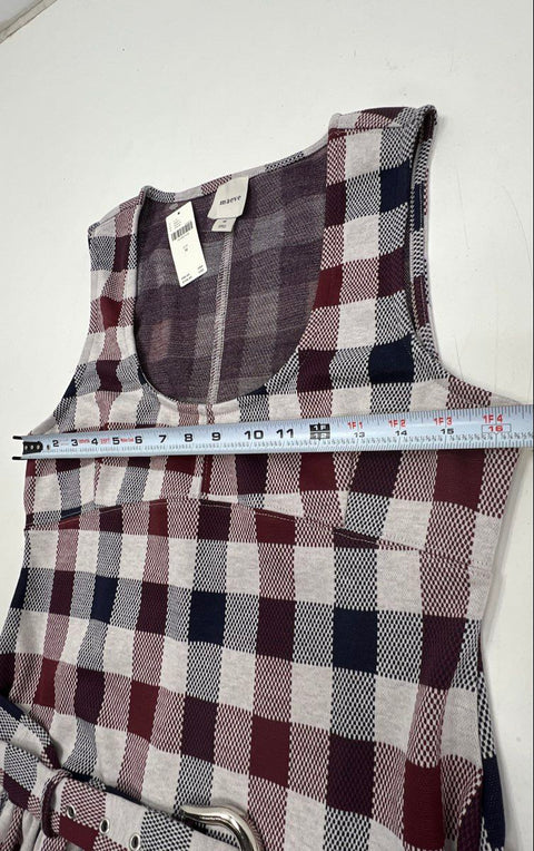 Maeve Anthropologie Women's Burgundy Navy Plaid Belted Peplum Dress NWT Sz M