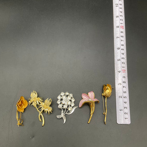 Vintage Floral Costume Jewelry Brooch Lot of 5 Gold Silver Tone Rhinestone