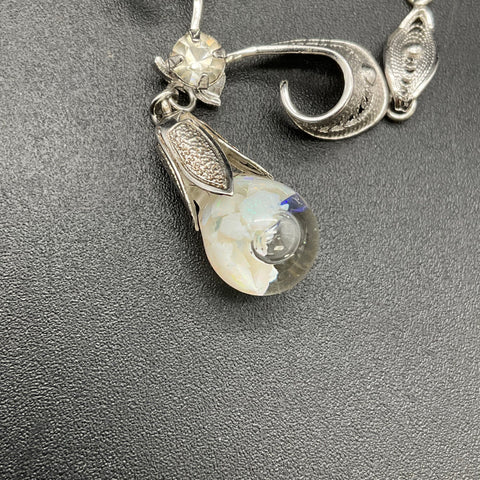 Vintage Espo Filigree Necklace & Screw Back Earrings Set Floating Opal Style