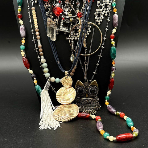 Wearable Jewelry Lot of 30+ Boho Retro Necklaces Pendants Beads Tassel Owl