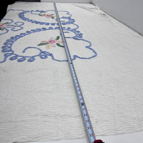 Vintage Chenille Bedspread White Blue Floral Embroidery Wavy Texture Mid Century