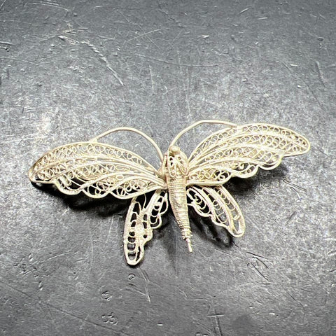 Antique Sterling Silver Filigree Butterfly Moth Brooch 10.77g