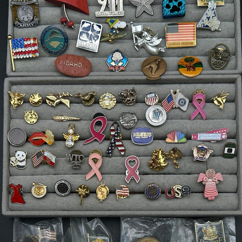 Lapel Pin Lot Vintage Non Precious Metal 70 Pieces Patriotic Military Themes