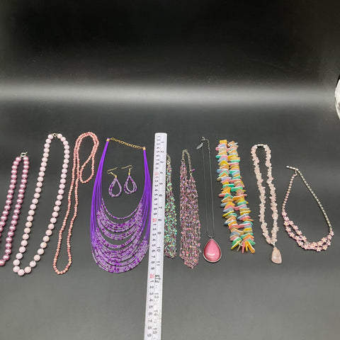 Vintage to Modern Costume Jewelry Lot 10 Necklaces 1 Pair Earrings Pink Purple