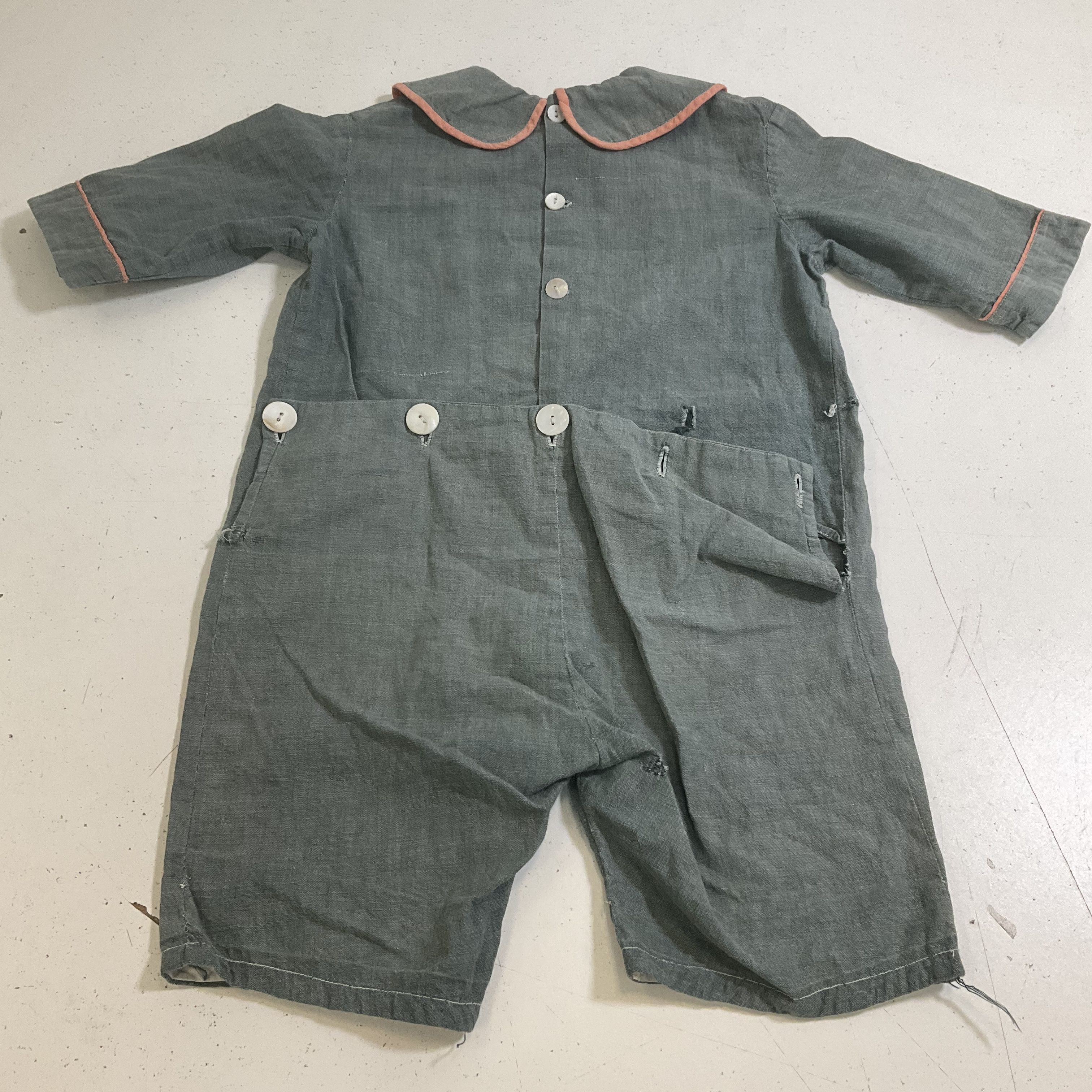 Vintage 1950s Baby Romper Chambray Drop Seat Peter Pan Collar Gray One Piece