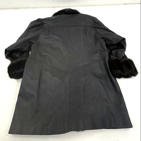 Vintage Charles Klein Black Leather Faux Fur Pleated Sleeve Jacket Coat Womens M