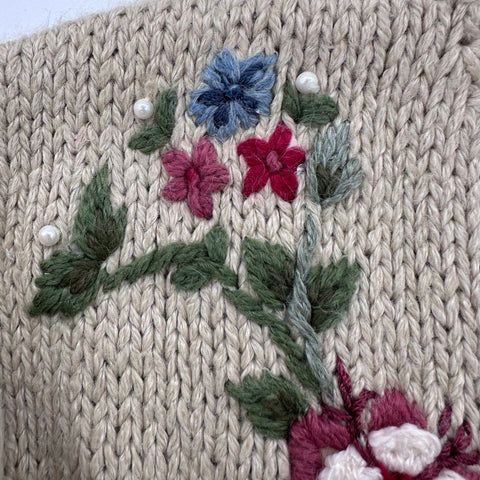 Vintage 80s Bobbie Brooks Hand Knitted Floral Embroidered Sweater Sz L
