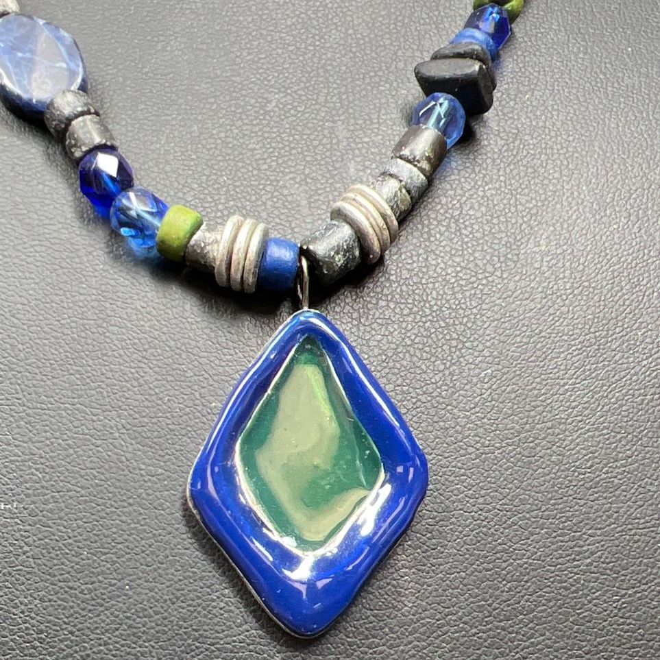 Chico's Blue & Green Beaded Pendant Necklace