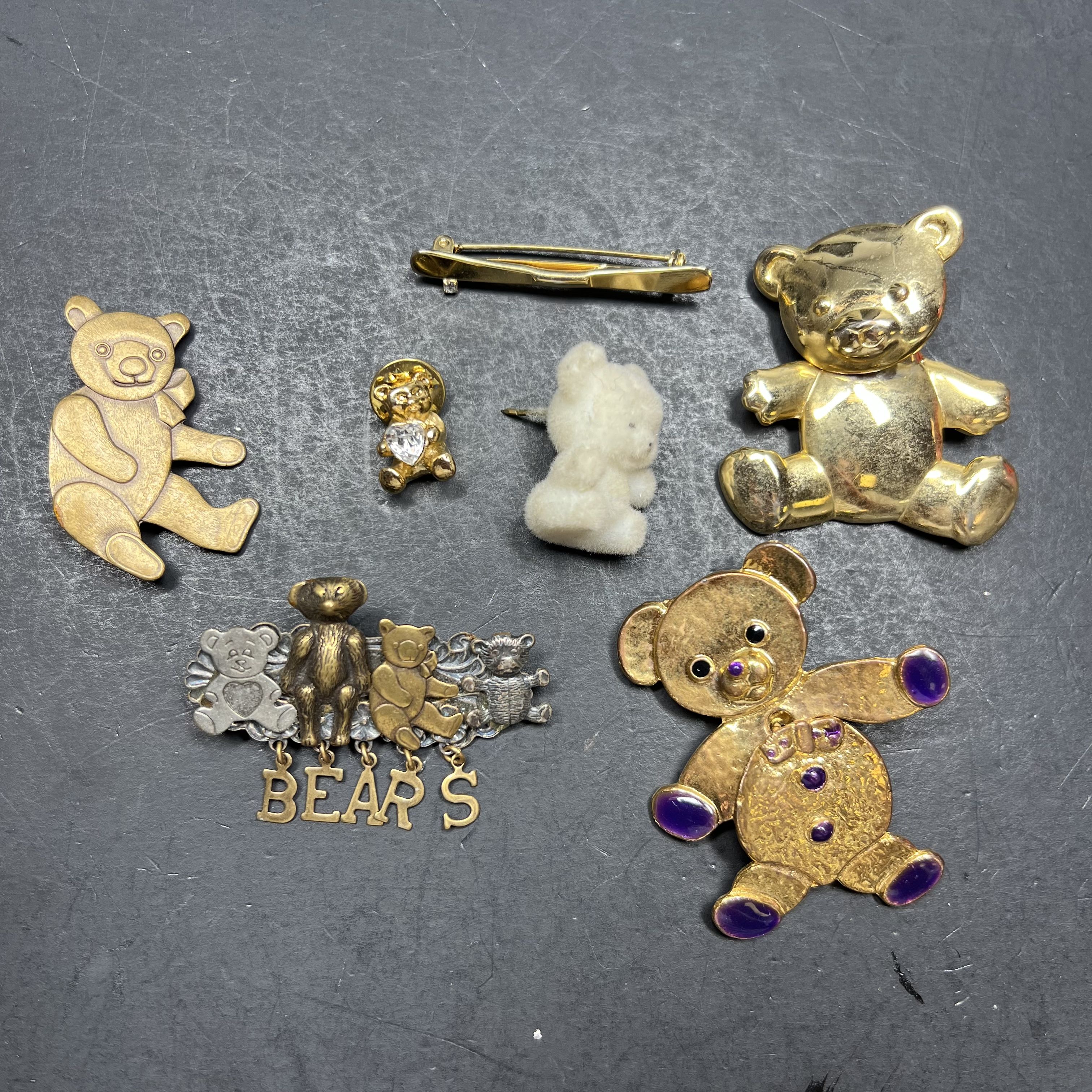 Vintage Teddy Bear Brooch Lot 7pc Napier Gold Tone Enamel Craft Pins Figural