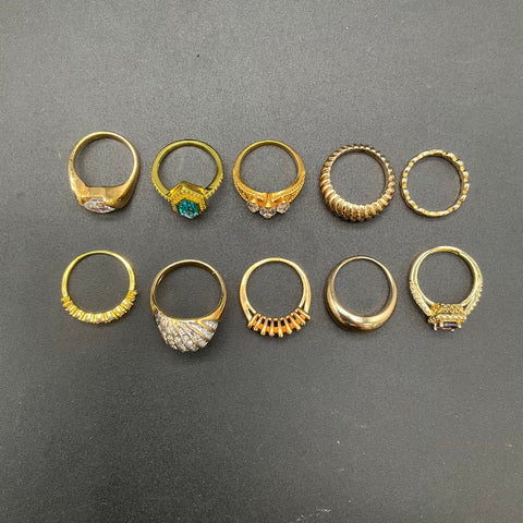 Gold Tone Fashion Jewelry Ring Lot of 10 Rhinestone Faux Gemstone Sizes 6.5-9