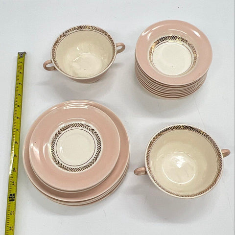 American Limoges Federal Coral Pink 22K Gold China Set 19pc Soup Bowls Plates