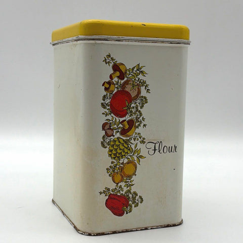 Cheinco Vintage Flour Tin Canister Metal Vegetable Mushroom Motif Yellow Lid
