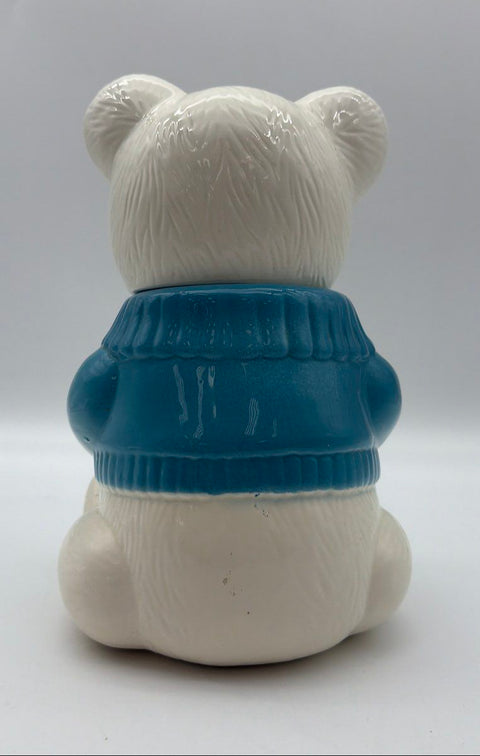 Vintage Welcome Ceramic Bear Cookie Jar White Blue Sweater Taiwan 12 Inch