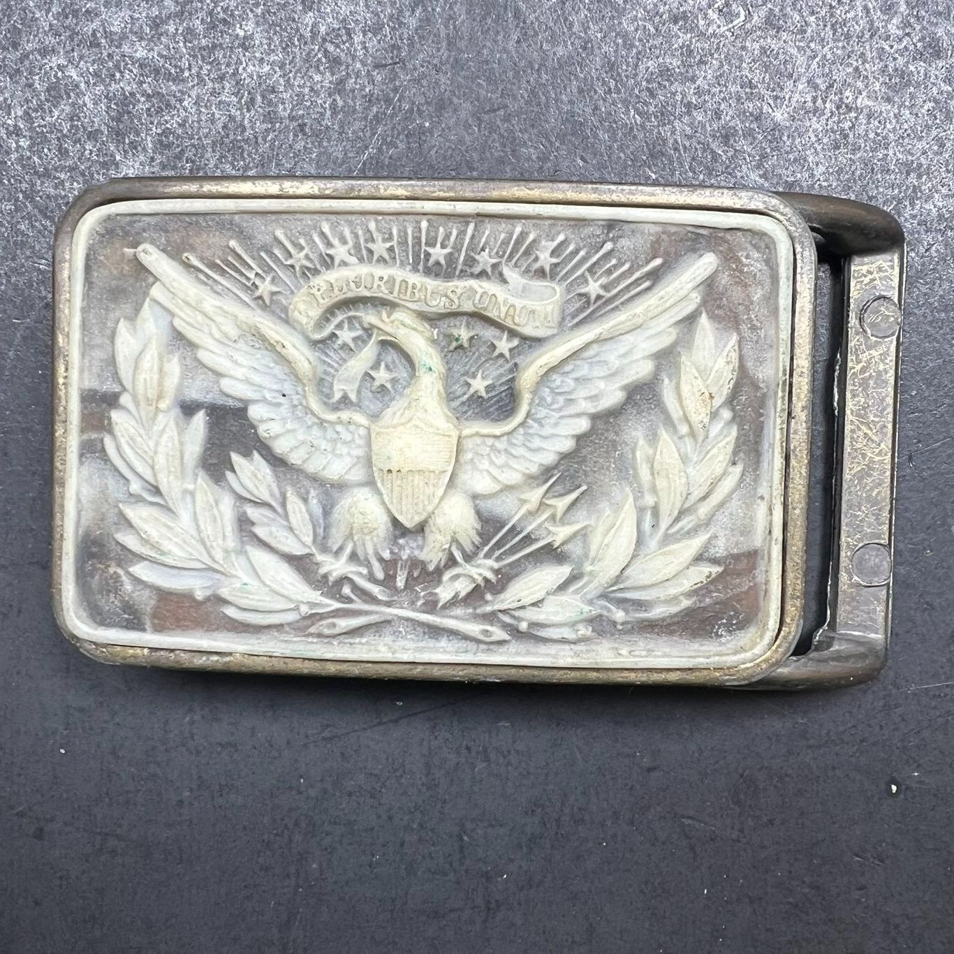 Vintage E. Pluribus Unum Cameo Eagle America Brass Belt Buckle