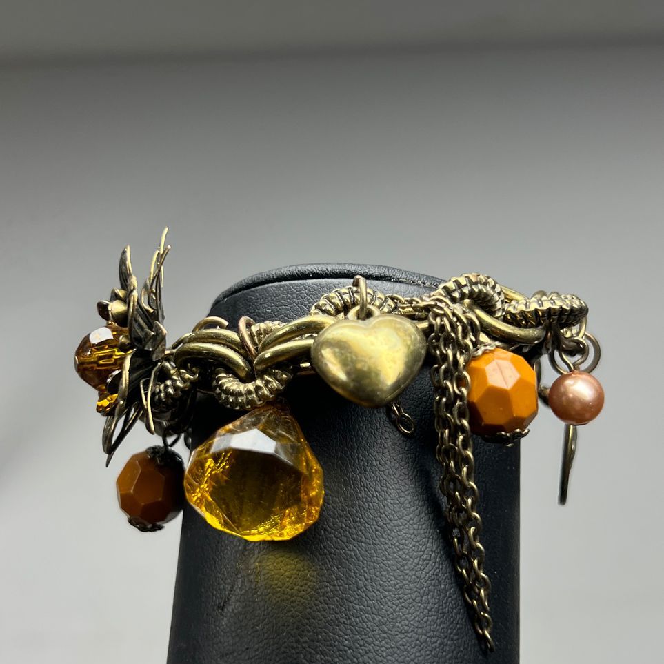 Yellow Brown Beaded Floral Charm Bracelet