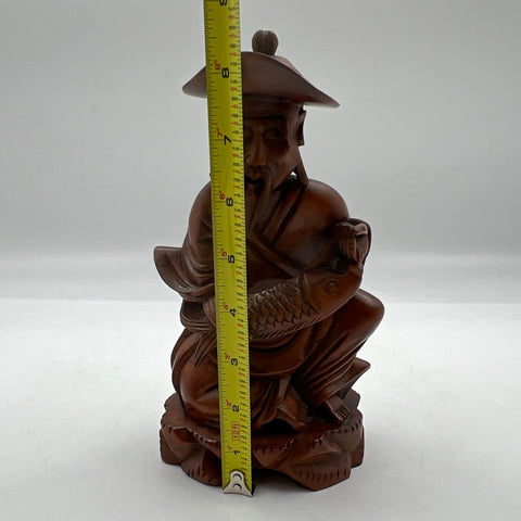 Nasco Vintage Carved Wood Fisherman Figure Asian Statue Holding Fish 9 Inch