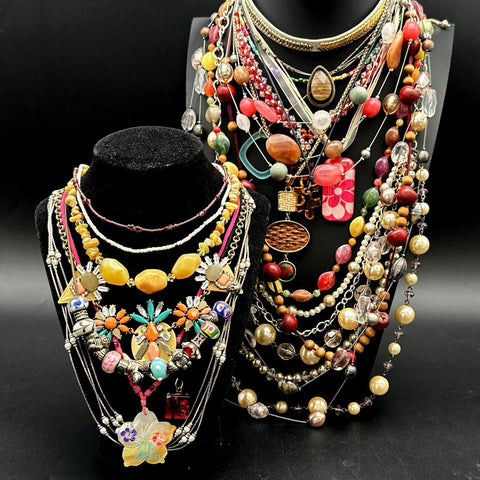 Costume Jewelry Lot Vintage to Modern Boho Statement Beaded Necklaces Pendants