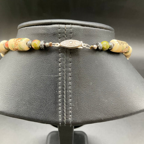 Vintage Chinese Export Style Hand Painted Porcelain & Unakite Necklace Set
