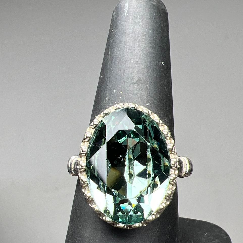 Sterling Silver Teal Blue Rhinestone Ring Size 8 6.6g