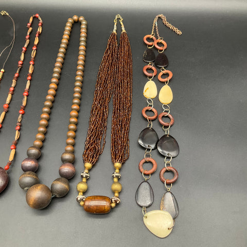Boho Tribal Mixed Costume Jewelry Lot 6 Necklaces Wood Seed Bead Organic Style