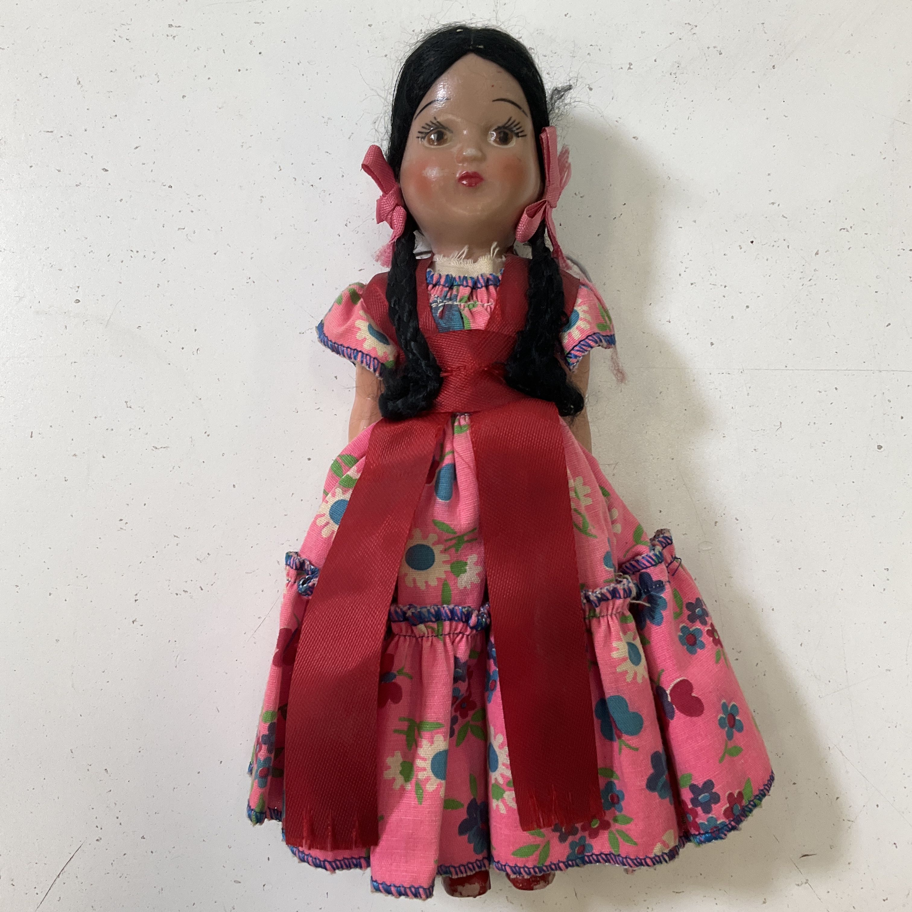 Vintage 1940s/50s Era Mexico Souvenir Girl Doll Pink Dress Ribbons