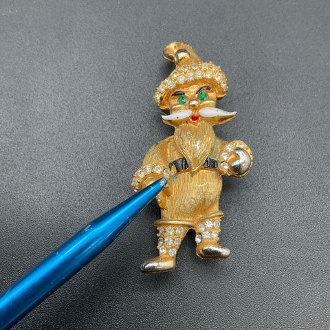 Vintage 1960s Weiss Gold Tone Rhinestone Santa Claus Christmas Brooch Pin