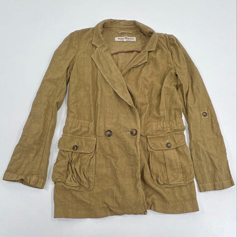 Free People Women's Tan Utility Shirt Jacket Double Breasted Roll Tab Sleeve XS
