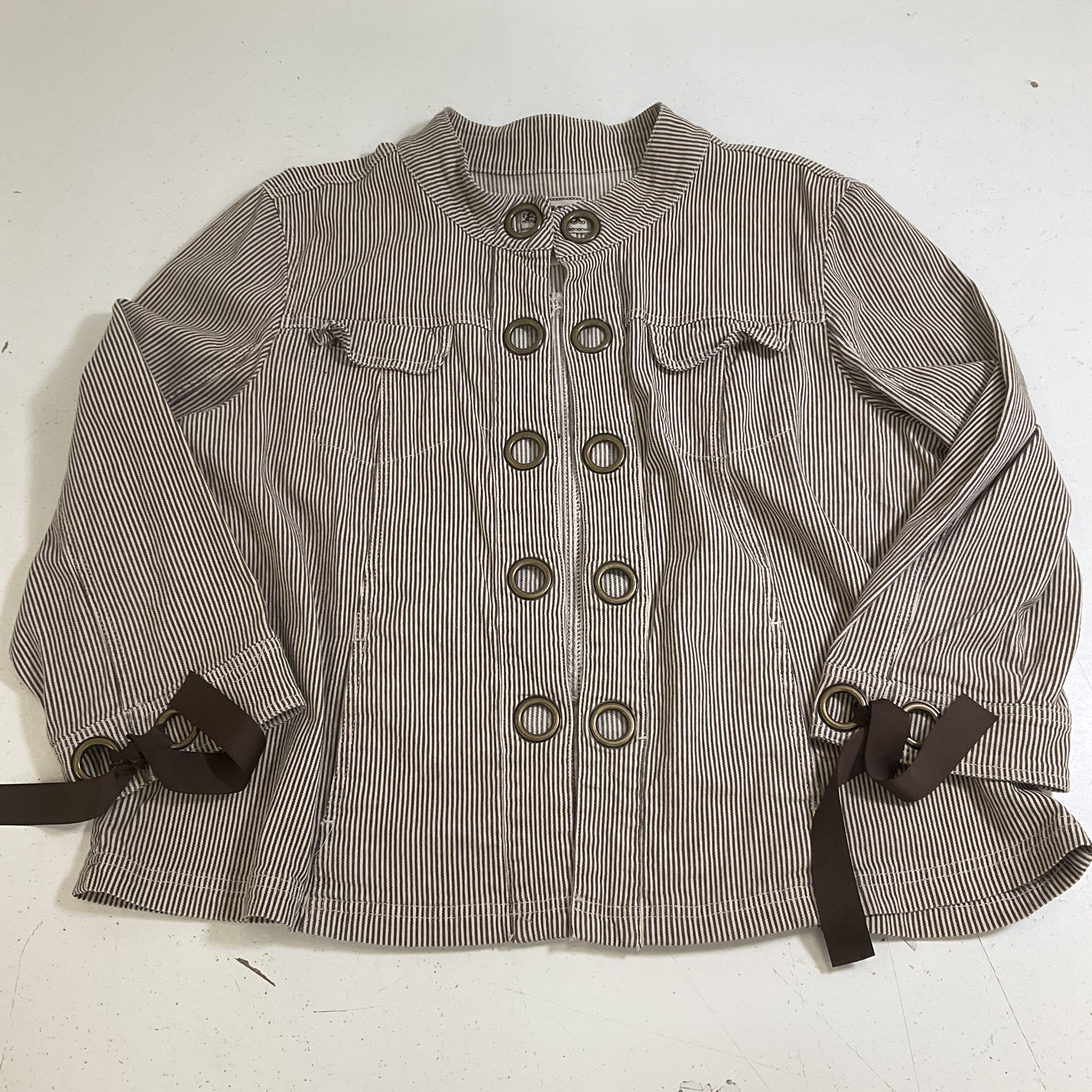 Vintage Y2K AMI Brown Striped Grommet Ribbon Moto Jacket Women's XL