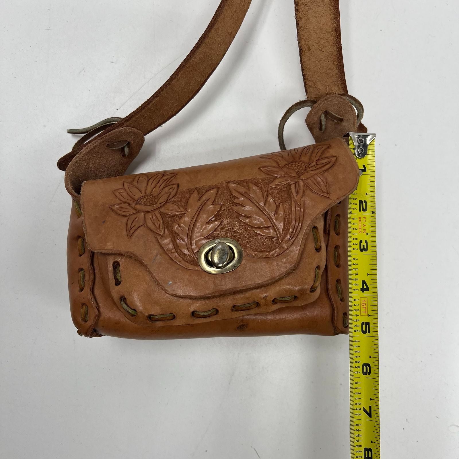 Vintage 70s Tooled Leather Floral Boho Hippie Mini Crossbody Purse Bag Brown